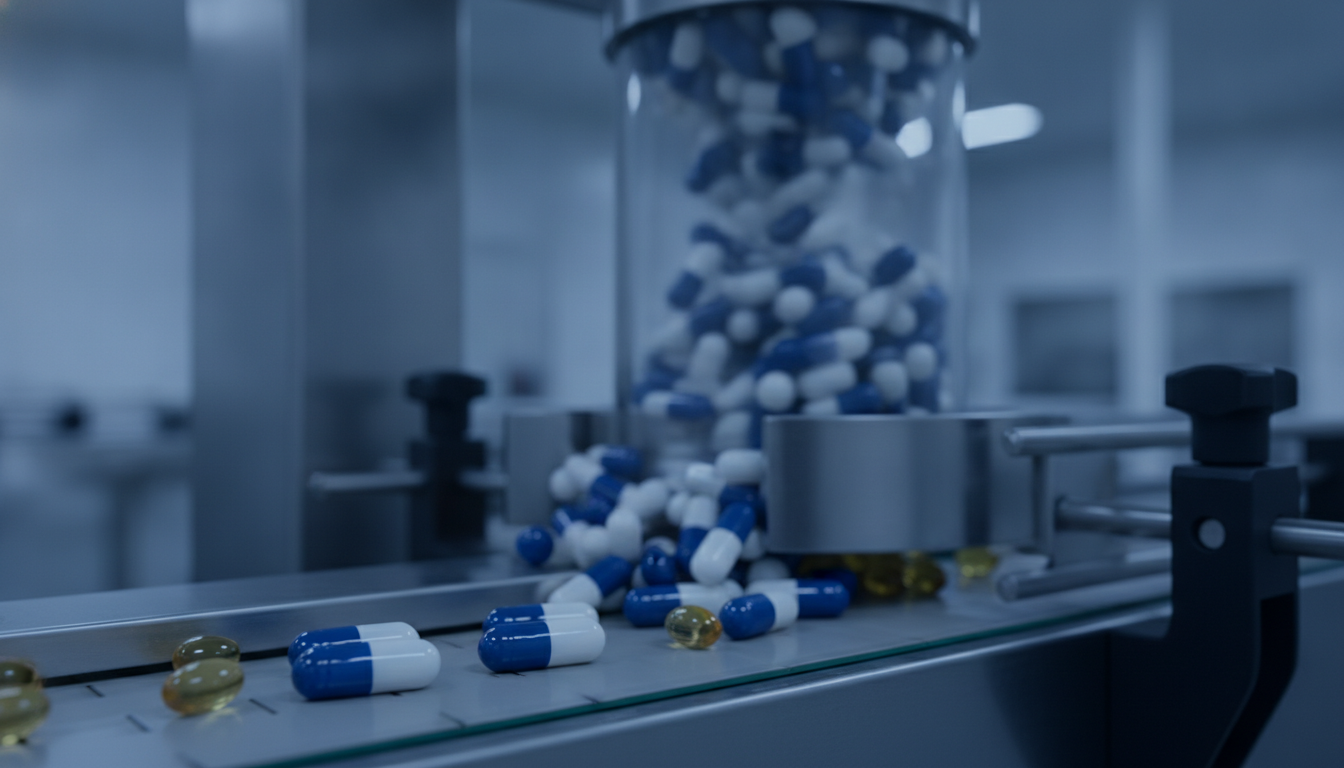 Capsules and softgels on a nutraceutical production line