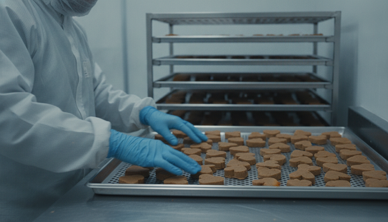 Pet soft-chew supplements on a production line with amber bottles
