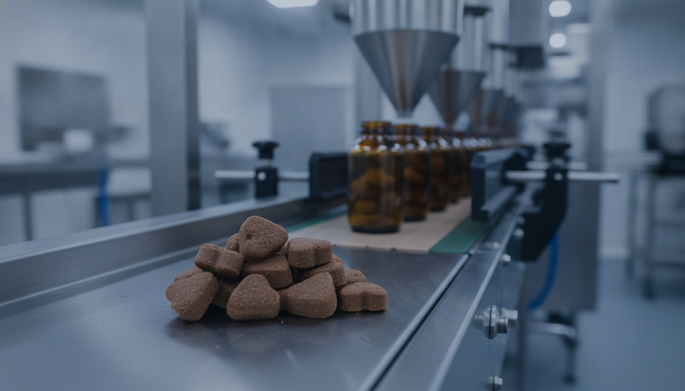 Pet soft-chew supplements on a production line with amber bottles
