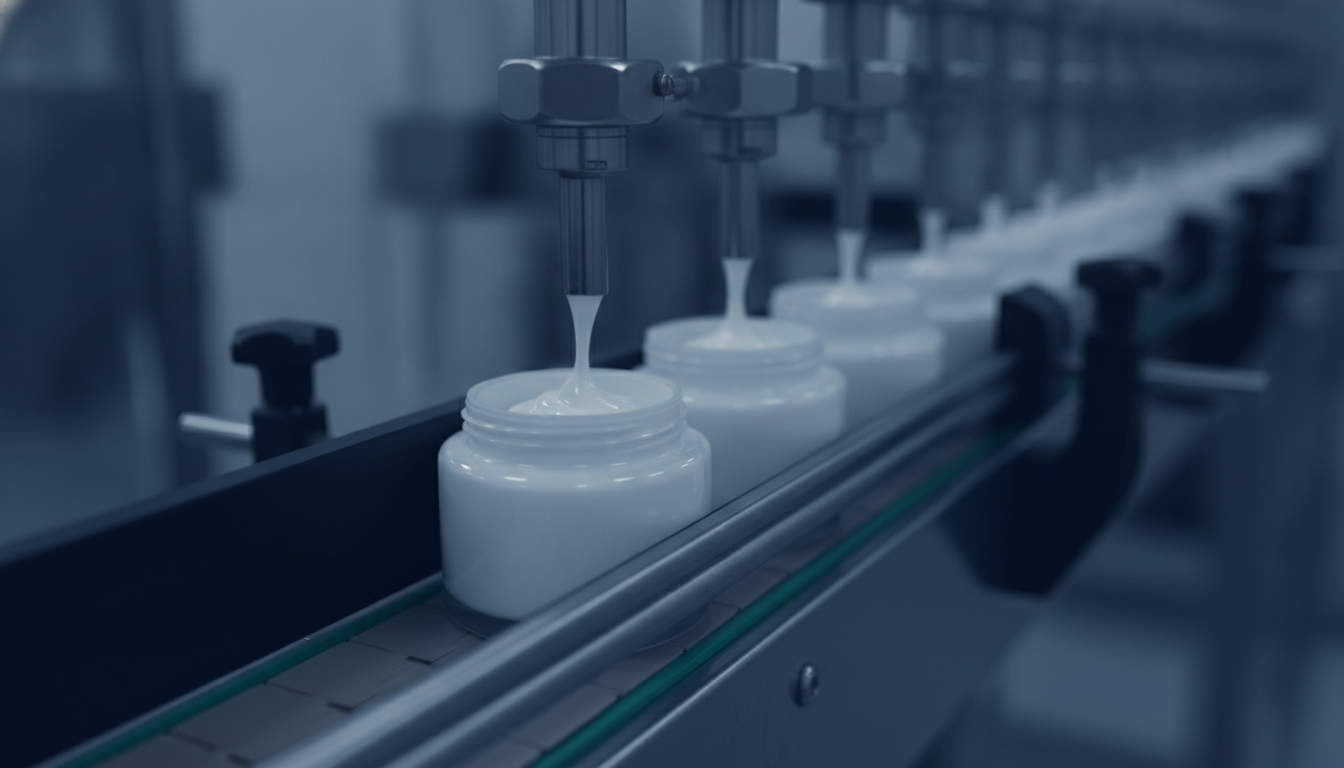 Cream jars being filled on a cosmetic manufacturing line